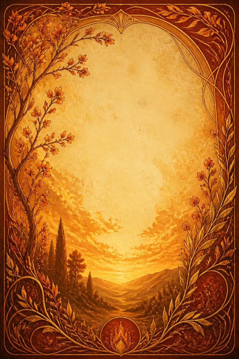 A cloud-wreathed hand extending a budding wand across a flowering Art Nouveau landscape, leaves curling from the wood in gold linework.