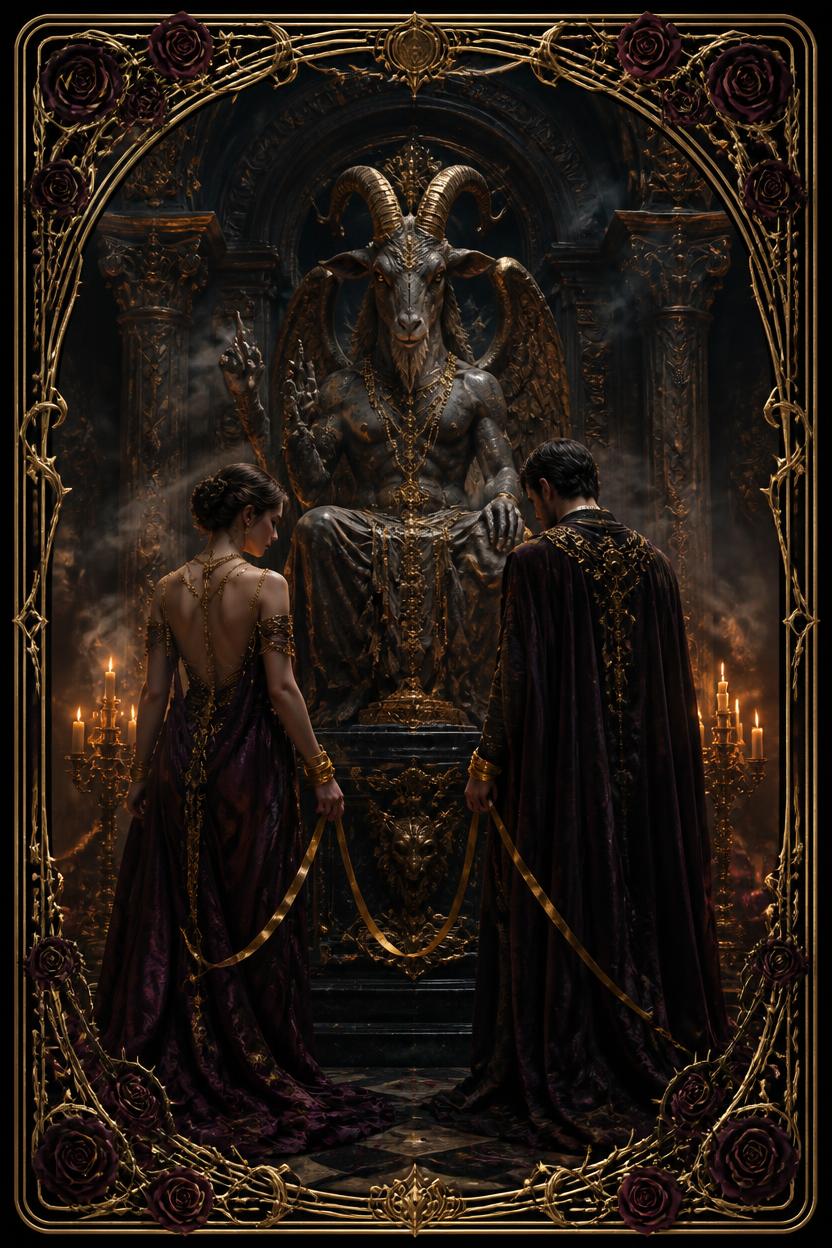 The Devil tarot card in Art Nouveau style, a horned figure looming over two chained figures whose bonds hang loosely