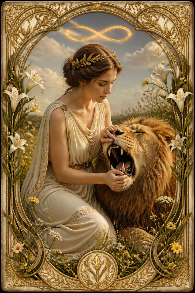 Strength tarot card in Art Nouveau style, a calm woman gently closing the jaws of a lion amid trailing flowers