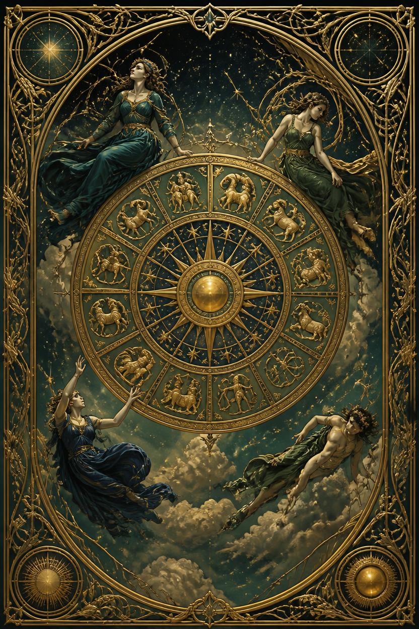 The Wheel of Fortune tarot card in Art Nouveau style, a great turning wheel encircled by mystical creatures against a starry sky