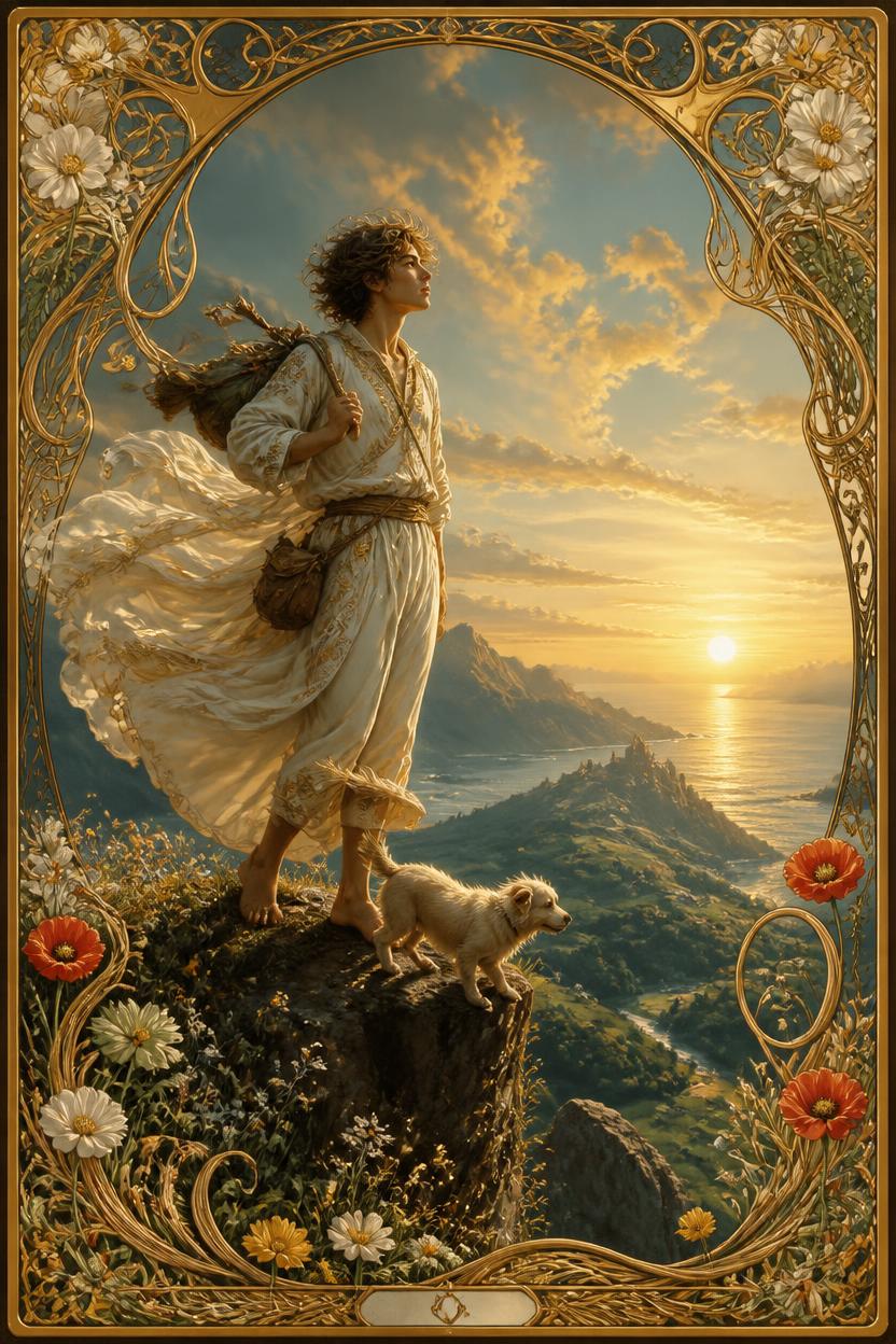 The Fool tarot card in Art Nouveau style, a young traveller stepping toward a cliff edge with a small dog and a trailing white rose