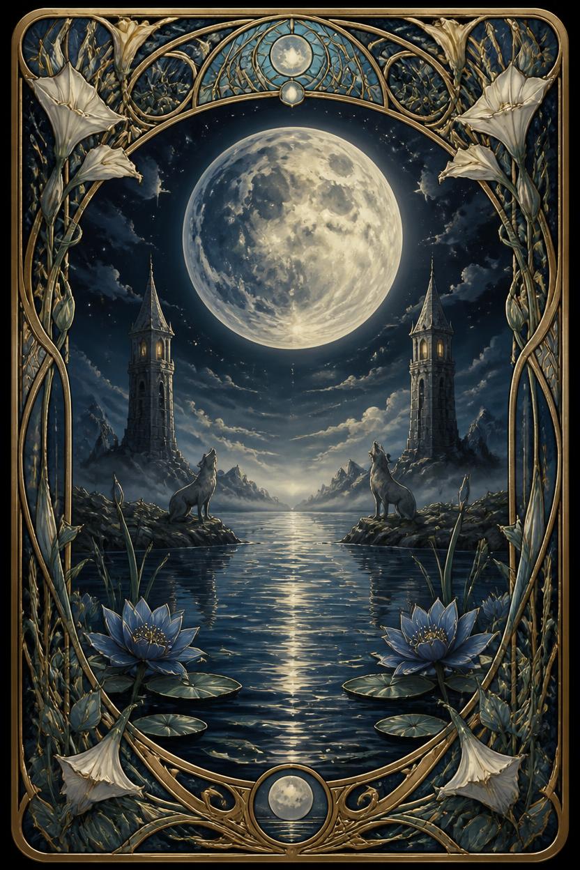 The Moon tarot card in Art Nouveau style, a glowing moon over twin towers with a crayfish rising from a still pool below
