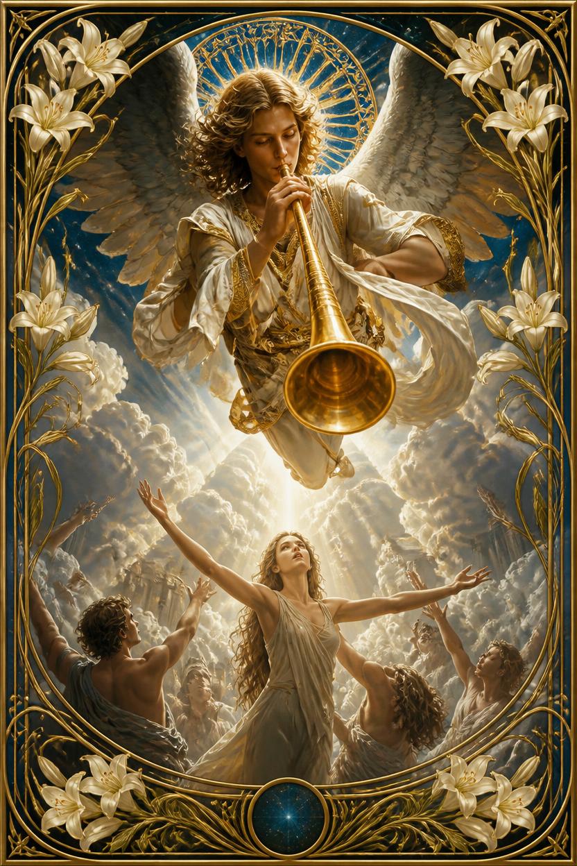 Judgement tarot card in Art Nouveau style, an angel sounding a trumpet as figures rise with open arms below
