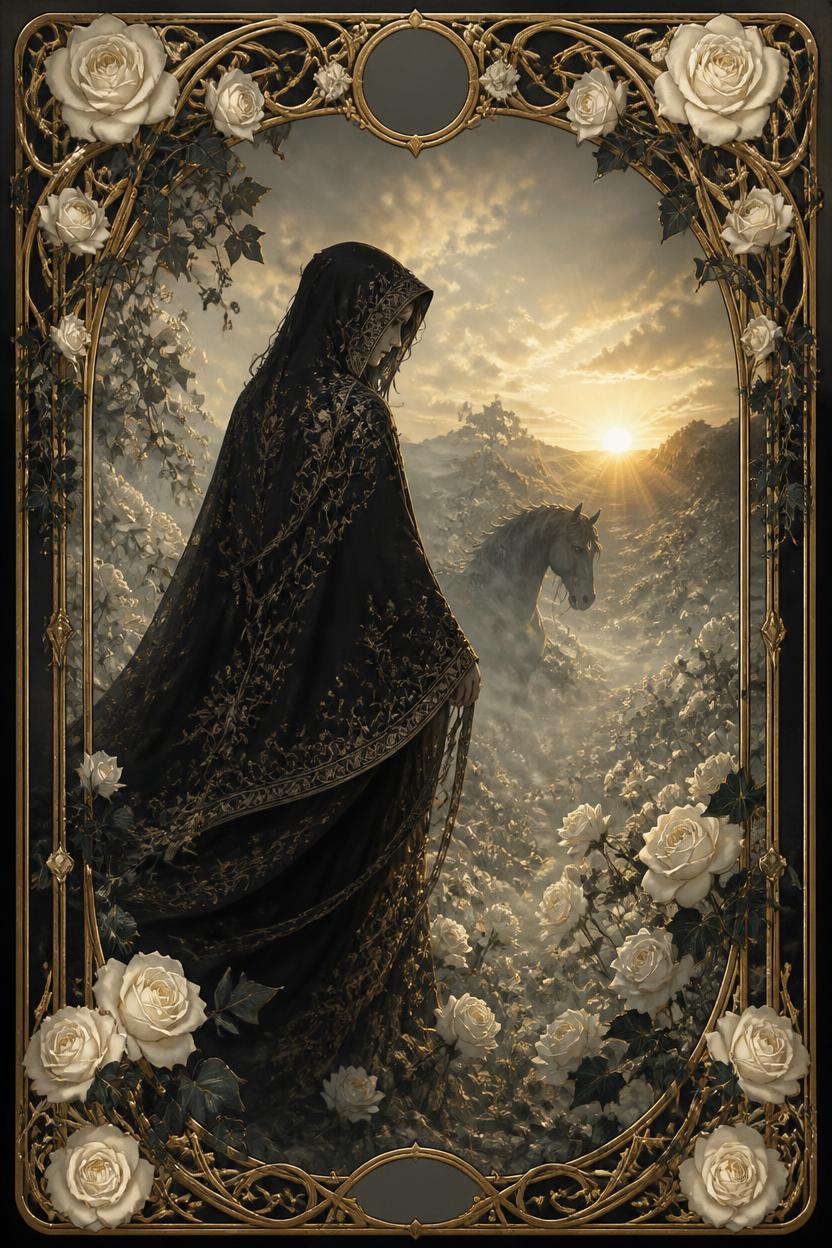Death tarot card in Art Nouveau style, an armoured skeletal rider on a white horse passing beneath a rising sun