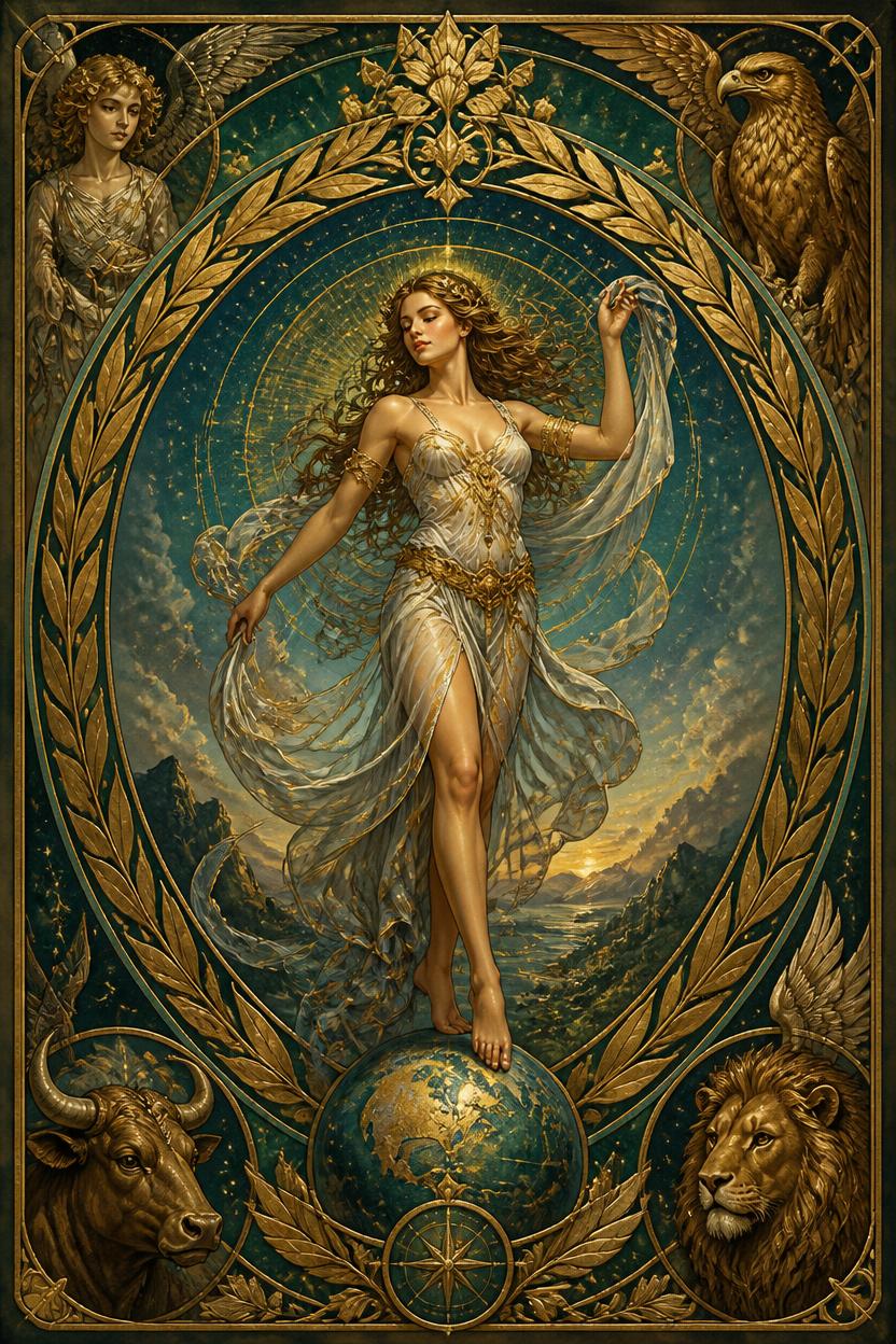 The World tarot card in Art Nouveau style, a dancing figure encircled by a laurel wreath amid the four fixed signs of the zodiac