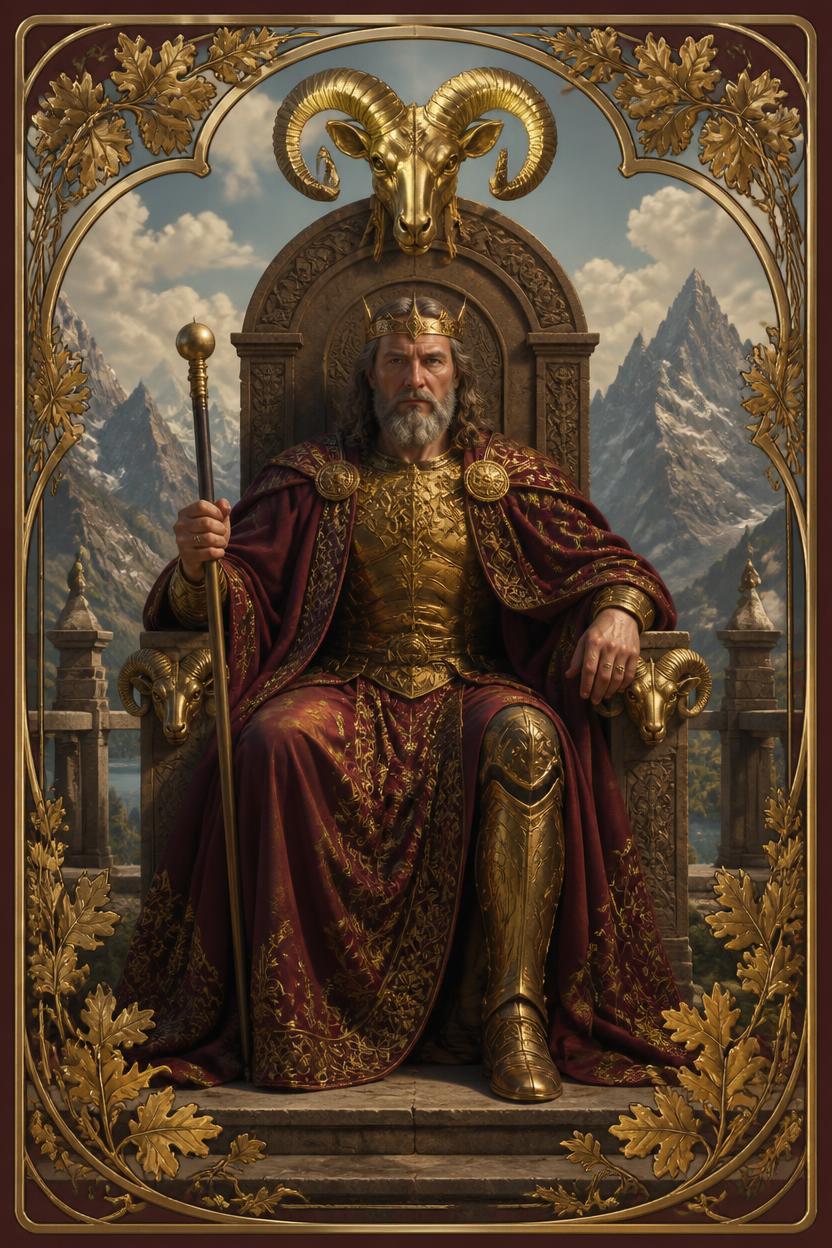 The Emperor tarot card in Art Nouveau style, an armoured king enthroned before a stark mountain landscape