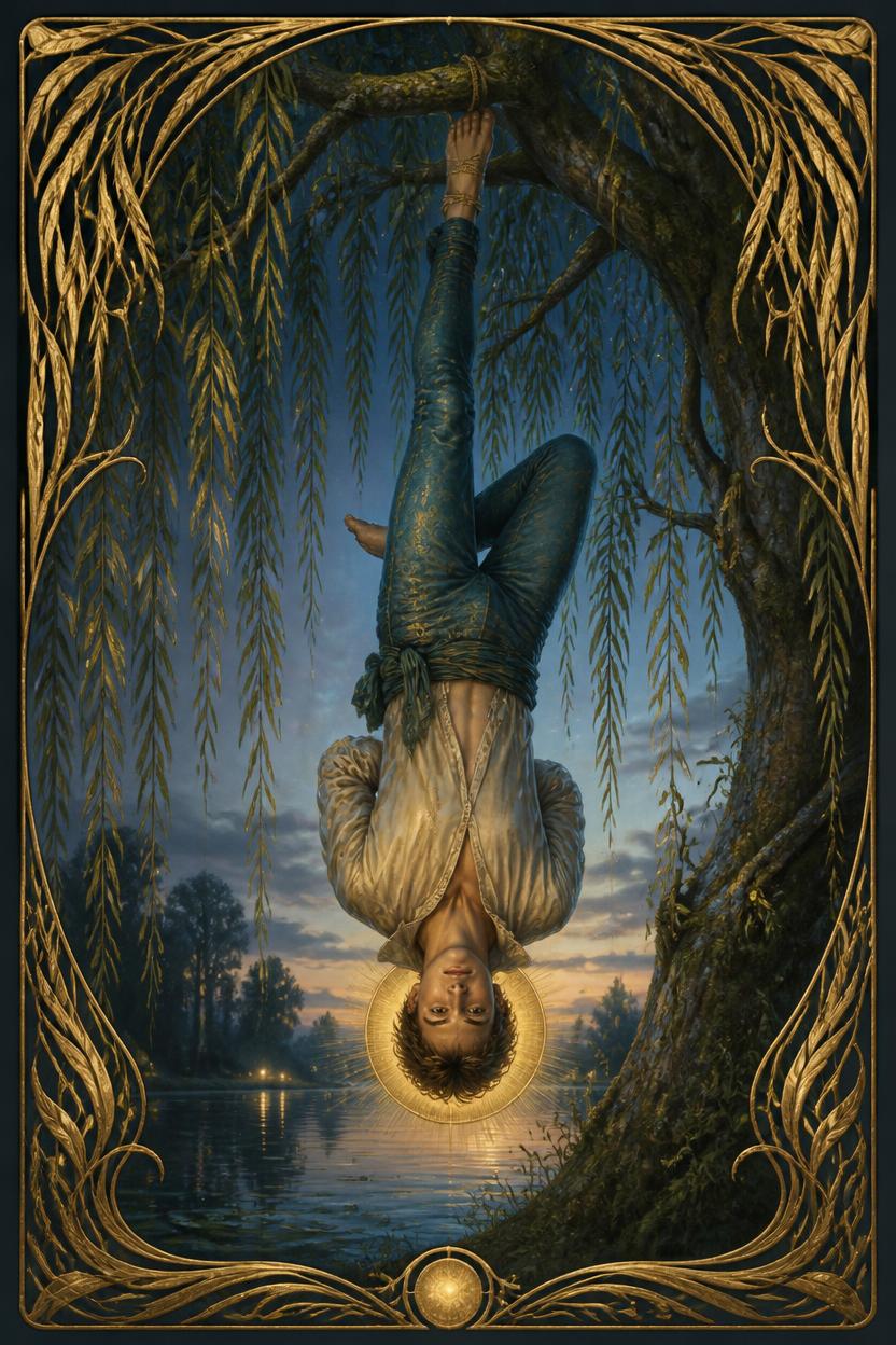 The Hanged Man tarot card in Art Nouveau style, a calm figure suspended upside down by one foot from a flowering living tree