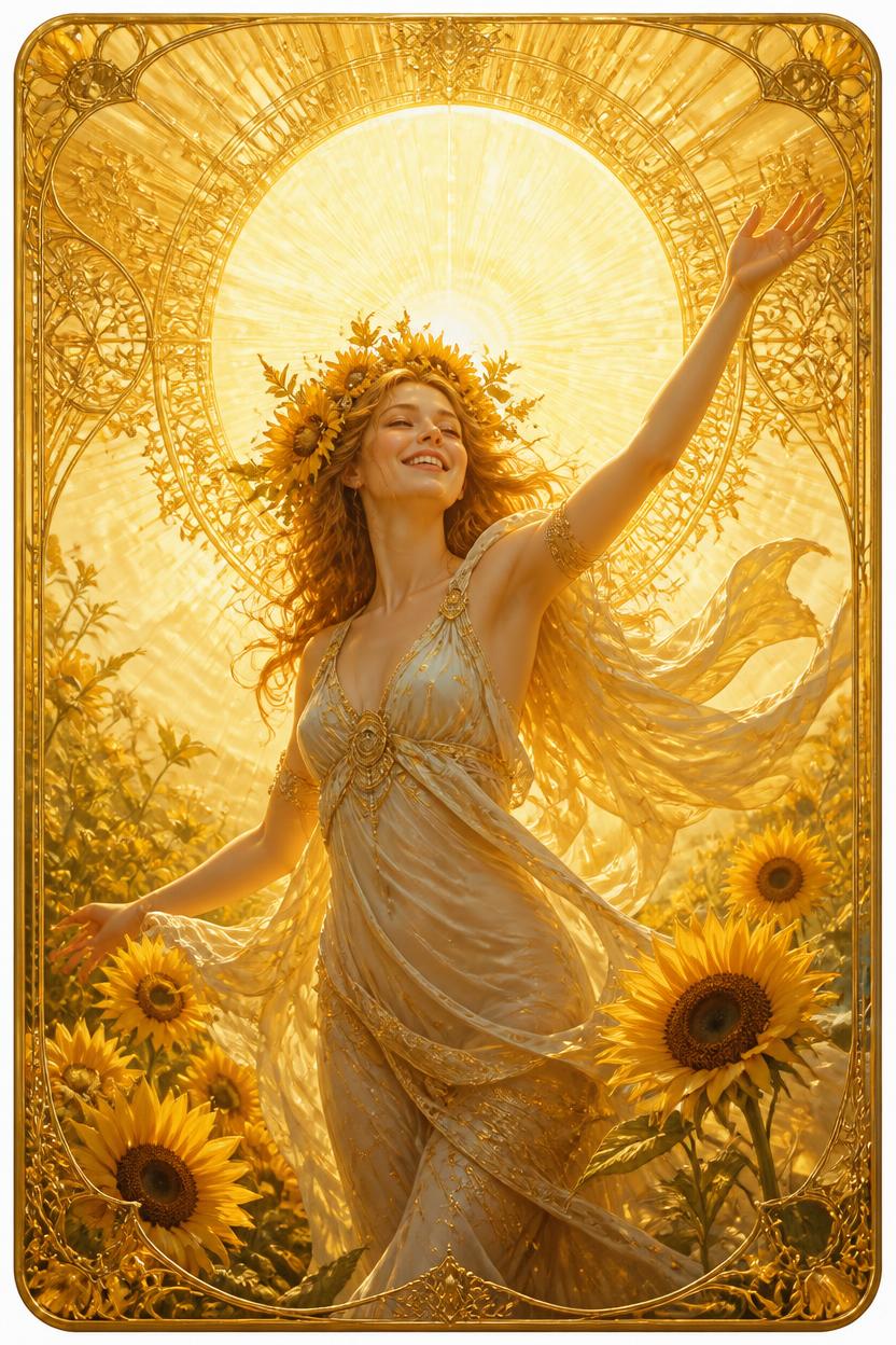 The Sun tarot card in Art Nouveau style, a joyful child on a white horse beneath a radiant sun and tall sunflowers