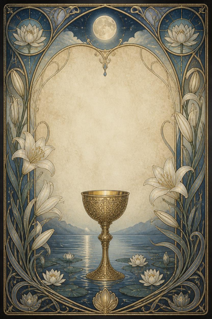 Art Nouveau image of a cloaked mourner facing three overturned, spilled cups on a riverbank, unaware of two intact cups standing behind them.