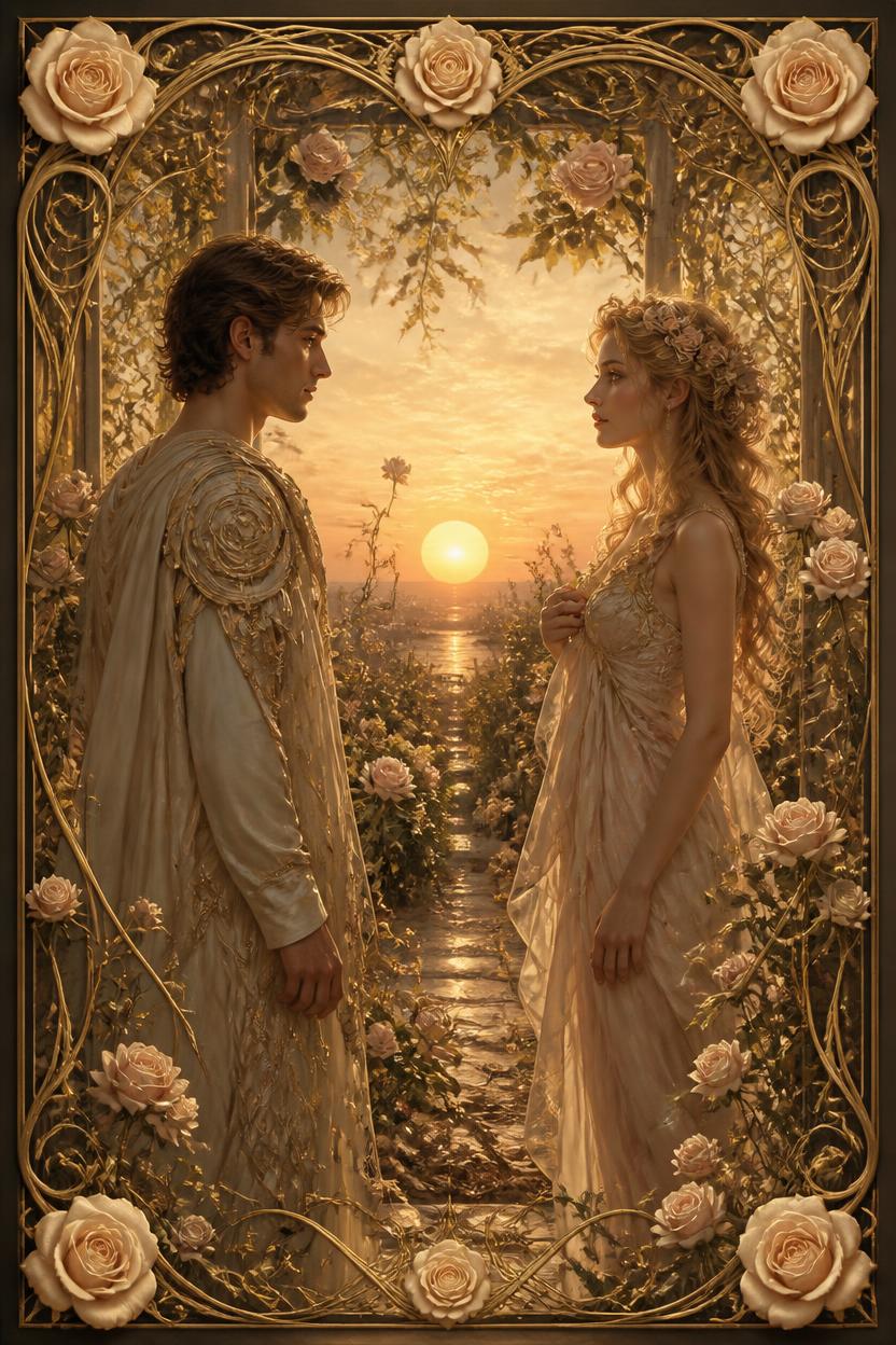 The Lovers tarot card in Art Nouveau style, two figures standing beneath a winged angel between a flowering tree and a flaming tree