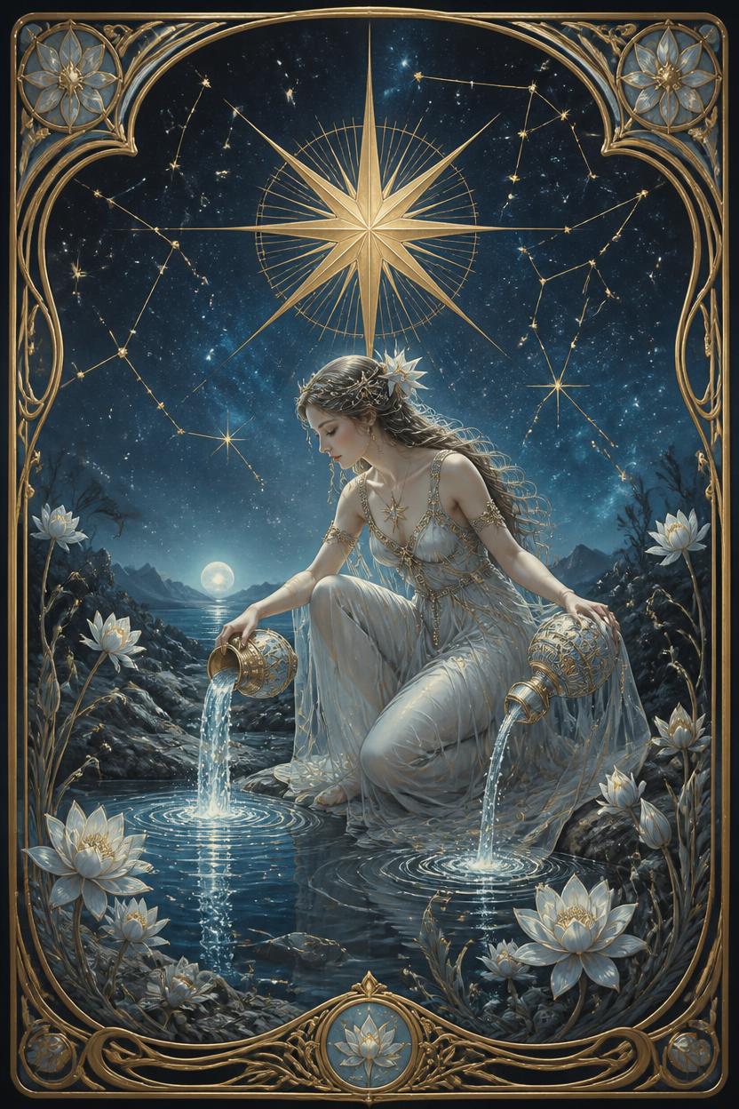 The Star tarot card in Art Nouveau style, a kneeling figure pouring water into a pool beneath a sky of luminous stars