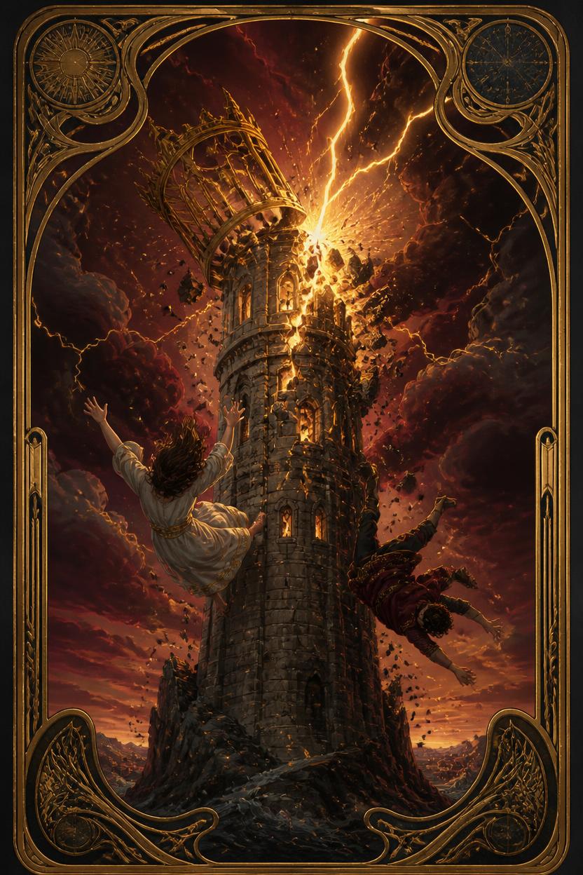 The Tower tarot card in Art Nouveau style, a lightning-struck tower with its crown ablaze and two figures falling through the night sky