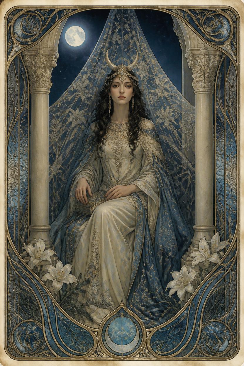 The High Priestess tarot card in Art Nouveau style, seated between two pillars before a veil of pomegranates