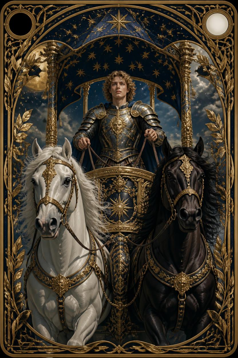 The Chariot tarot card in Art Nouveau style, an armoured figure driving a starry chariot pulled by two opposing sphinxes