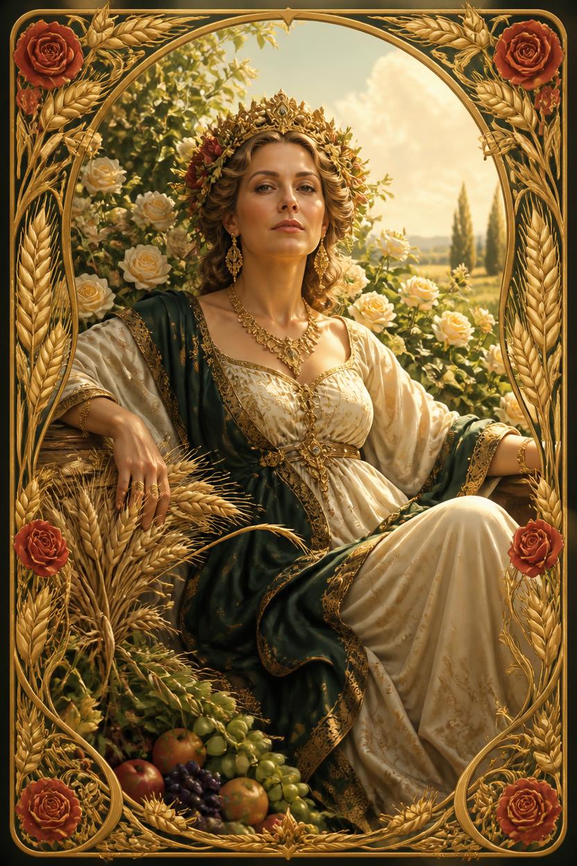 The Empress tarot card in Art Nouveau style, a crowned figure seated amid ripe wheat and flowing garden vines
