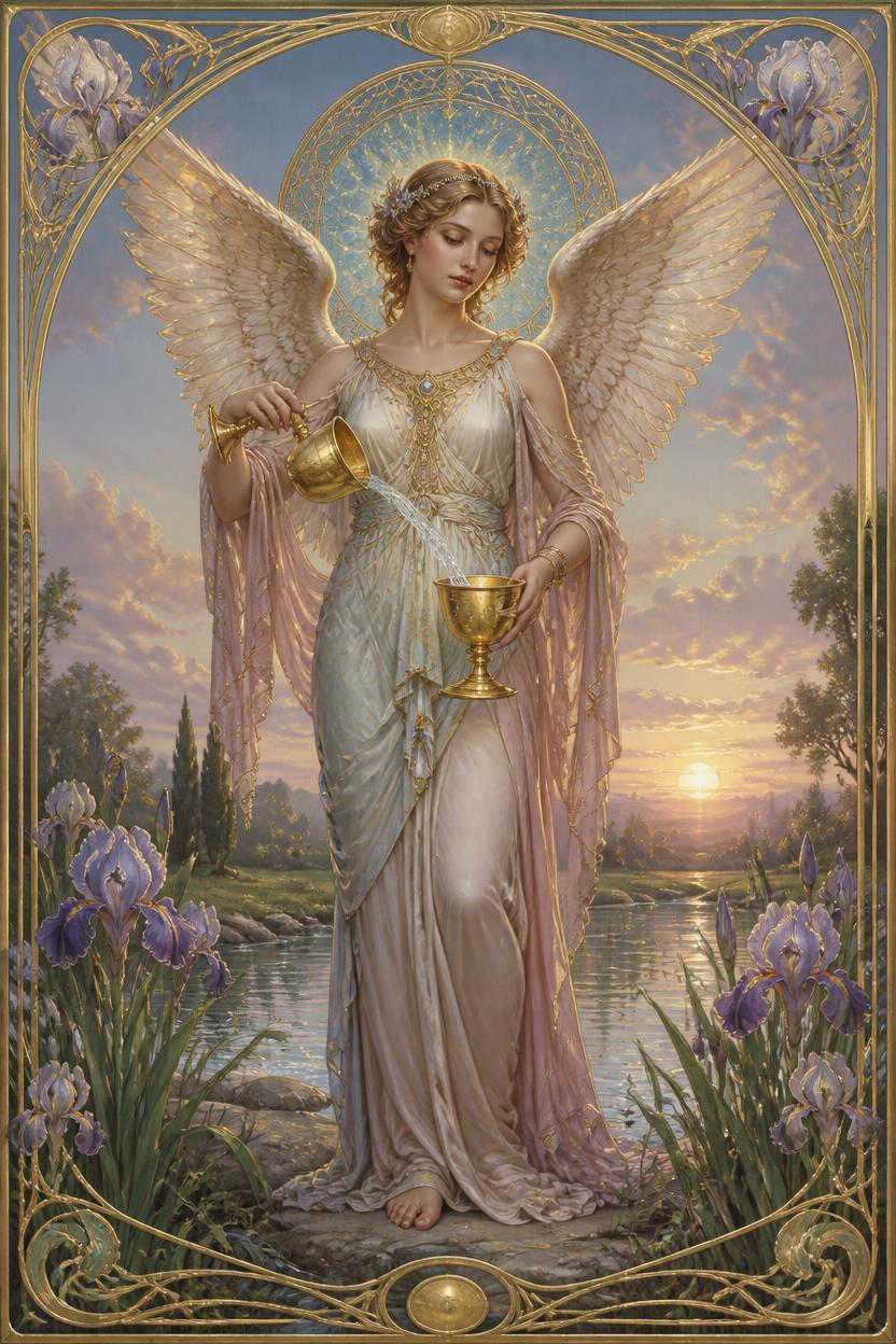 Temperance tarot card in Art Nouveau style, a winged angel pouring water between two cups with one foot resting on land and one in a stream
