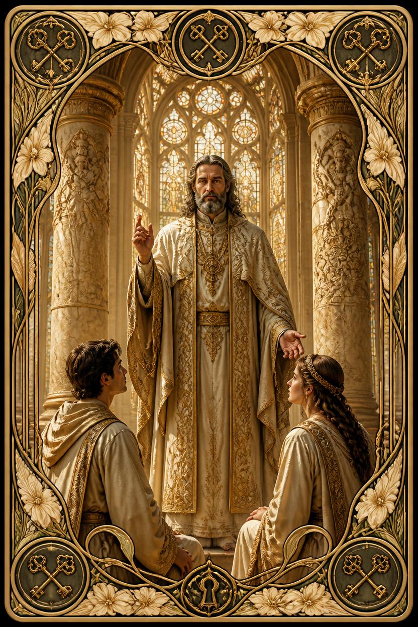 The Hierophant tarot card in Art Nouveau style, a triple-crowned figure blessing two kneeling acolytes between carved pillars