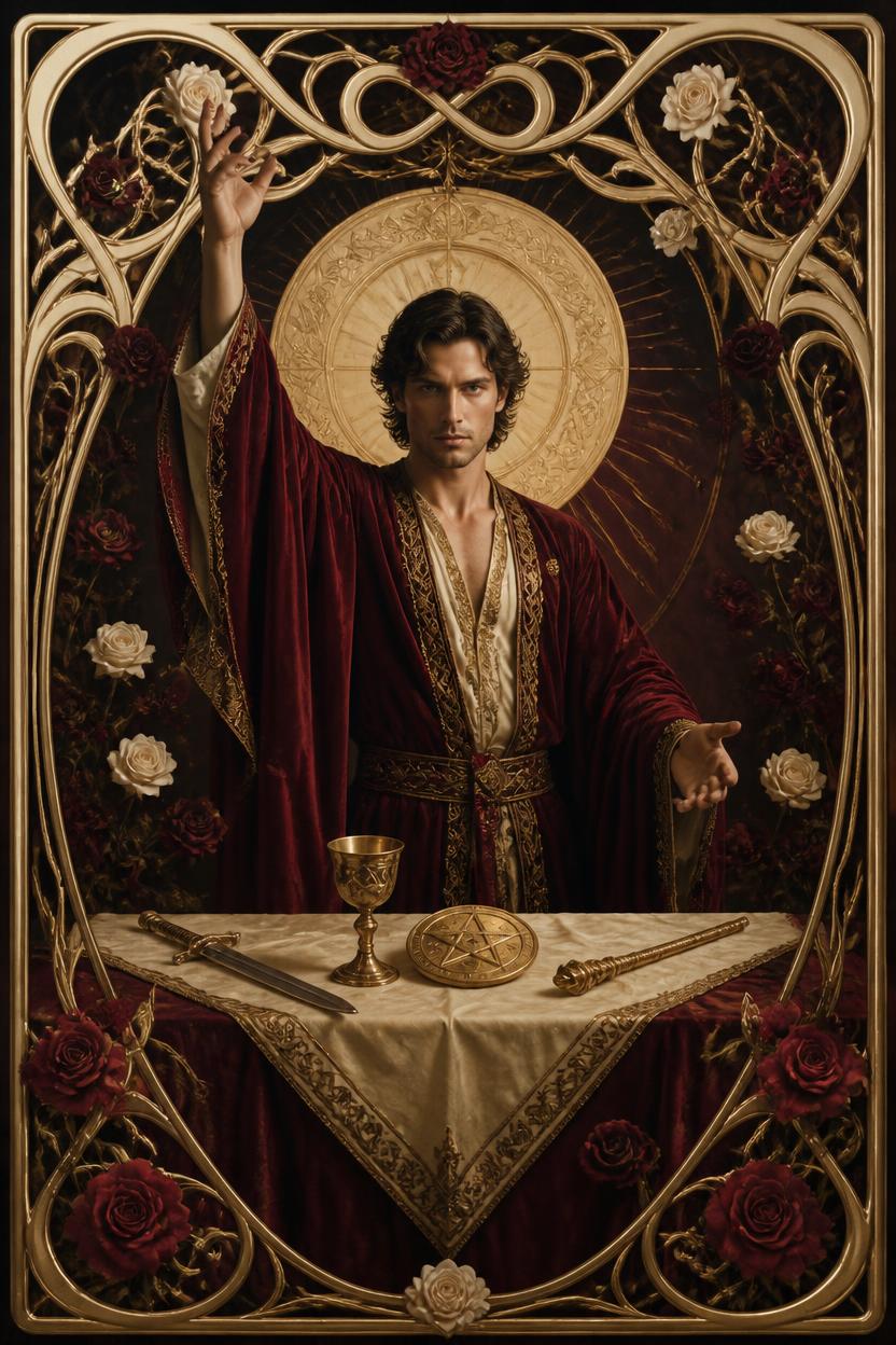 The Magician tarot card in Art Nouveau style, a robed figure at a table with a raised wand between earth and sky