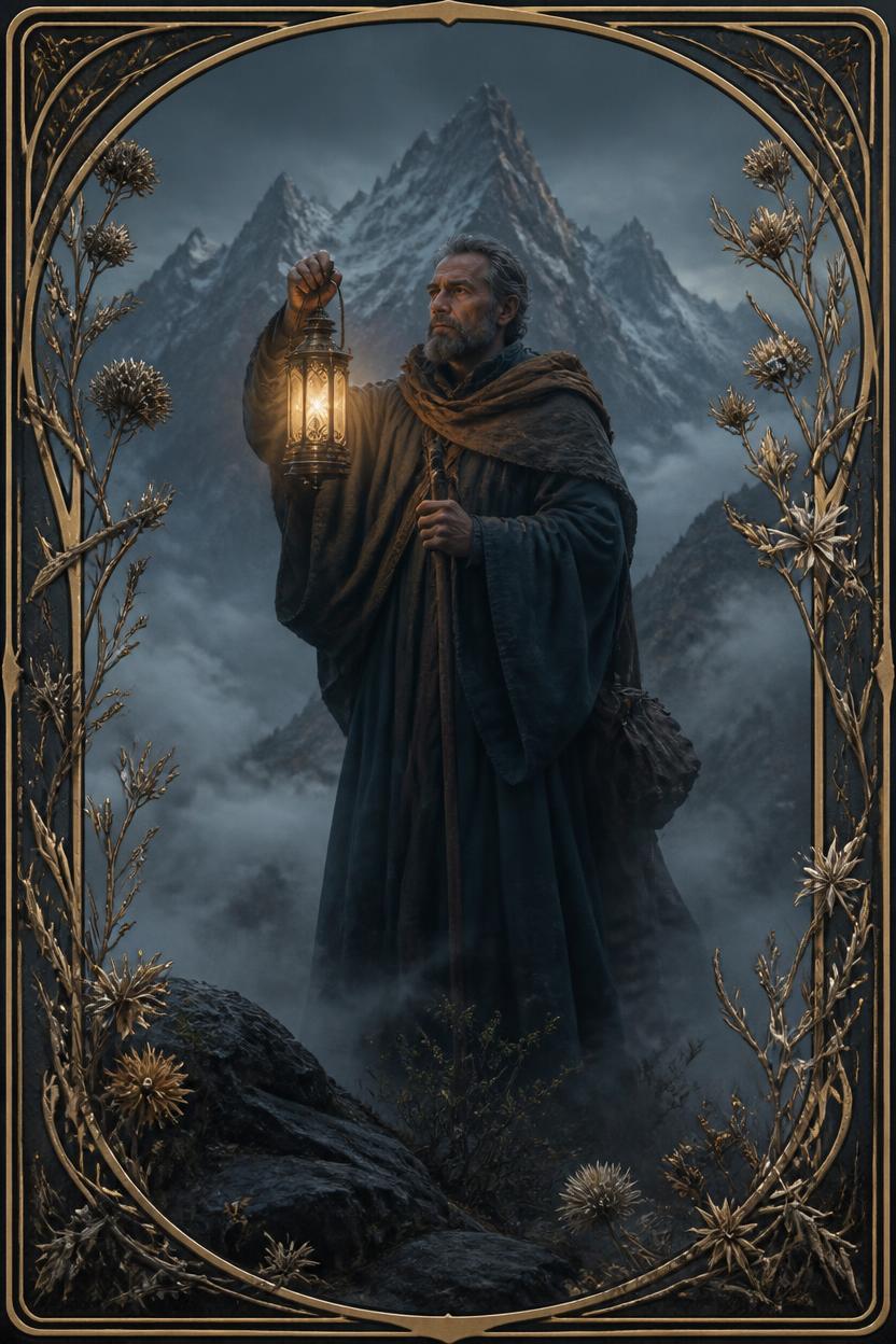 The Hermit tarot card in Art Nouveau style, a cloaked elder on a snowy peak holding a star-lit lantern aloft