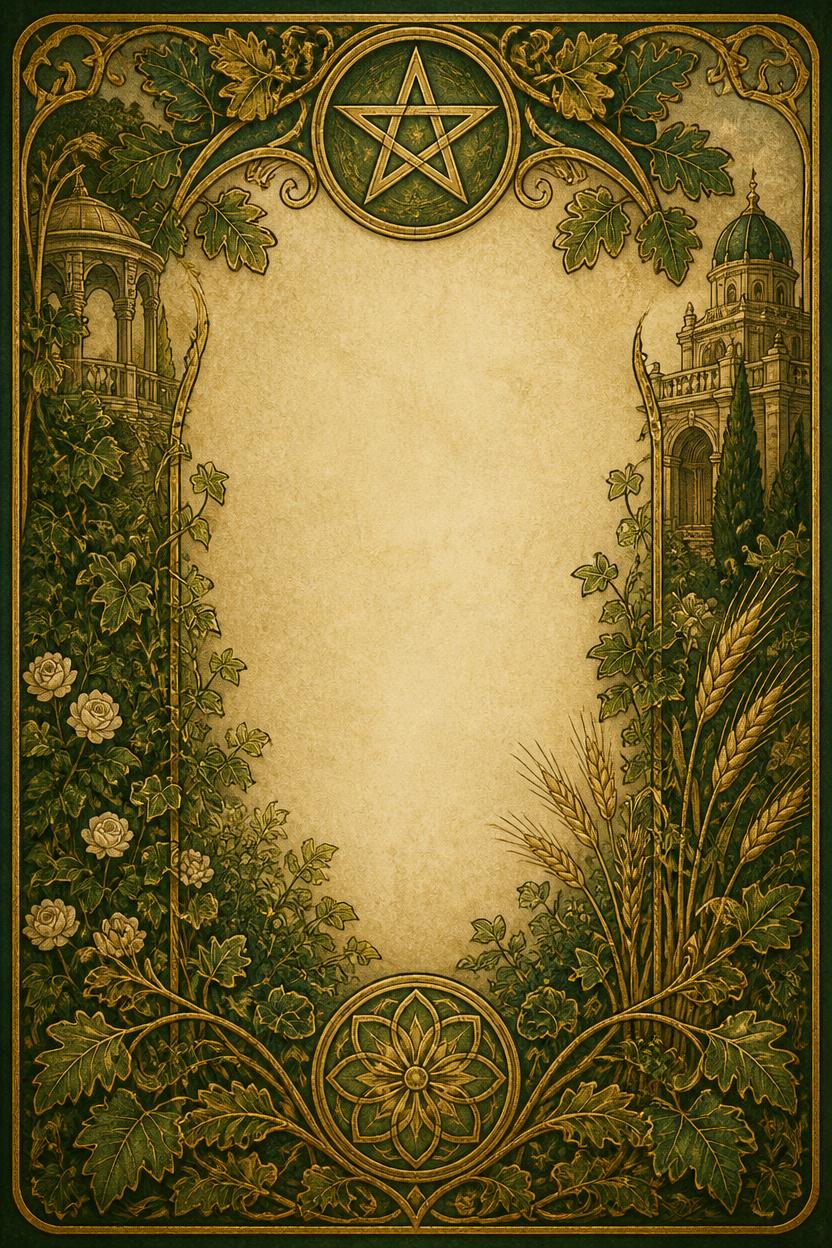 Art Nouveau illustration of a hand emerging from flowering vines, offering a single engraved gold coin above a walled garden.
