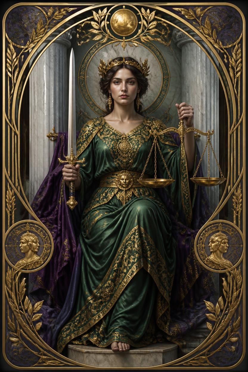 Justice tarot card in Art Nouveau style, a crowned figure seated between pillars holding a raised sword and balanced scales